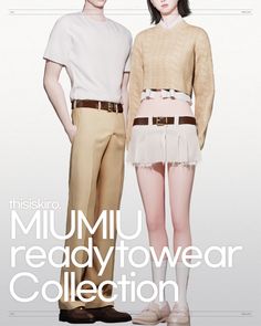 two people standing next to each other in front of a white background with the words mimu ready - forward collection