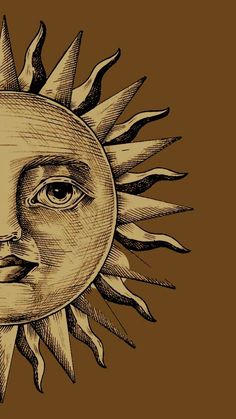 a drawing of the sun with its face drawn in pen and ink on brown paper