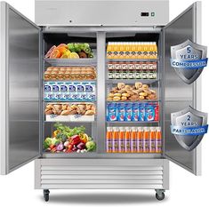 an open refrigerator filled with lots of different types of food and drinks in front of it