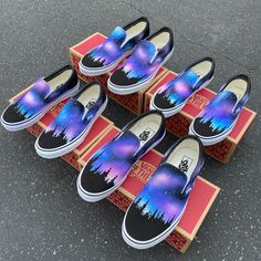 These custom Vans Slip On shoes have been custom created to look like a galaxy outer space night time theme. We source each pair of shoes BRAND NEW. The ink is permanent and will never come off. Made in the USA. This price includes everything: shoes and artwork. Note: Blvd Custom is in no way affiliated with any of the shoe brands or companies that are featured on our website. Each pair of shoes is ordered lawfully bought at retail price. Then we are able to print artwork and designs on the shoe Custom Vans Slip On, Black Slip On Vans, Vans Slip On Shoes, Halloween Shoes, Nike Converse, Men's Vans, Vans Slip On, Custom Vans, Decorated Shoes