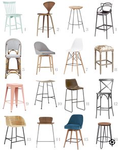 the different types of bar stools in various styles and colors, including one with a seat