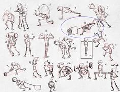 a drawing of various poses and gestures for an action figure in the motion of movement