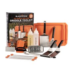 Blackstone 25 Piece Griddle Tool Kit Gift Set for Outdoor Cooking
Kit includes 2 griddle spatulas, 1 large hamburger spatula, 1 angled scraper, 6 stainless steel skewers, 1 set of tongs, 2 squeeze bottles (32 oz each), 1 scrub pad handle, 3 scrub pads, 5 grease cup liners, 1 rear grease gate, and 2 orange serving trays
Heat-resistant handles on the spatulas, scraper and tongs
Prep, cook, clean and serve all with one kit
Made with quality materials like stainless stee Cooking Kit, Grilling Utensils, Grill Set, Outdoor Eating, Spatula Set