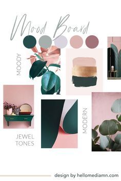 the mood board is filled with different colors and shapes, including pinks, green leaves,