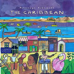 a drawing of people on the beach with buildings and palm trees in the background that says the caribbean