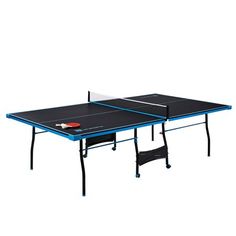 the ping pong table is set up with two paddles