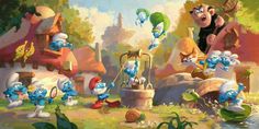 the smurfs are playing around in front of some houses and trees with water