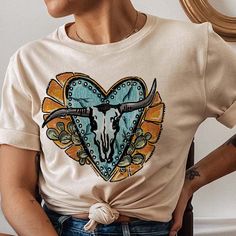 Cream Crooked Horn Tee Fringe Styles, Longhorn Skull, Heart Tee, Heart Sweatshirt, Turquoise Heart, Bella Canvas Tees, Boutique Accessories, Cowgirl Style, Vintage Turquoise