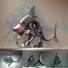 a robot that is standing in the middle of a room with a shark on it's back