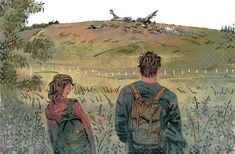 two people are walking in the grass with backpacks on their backs and birds flying above them