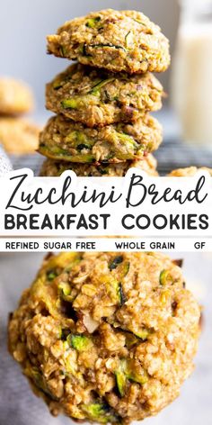 zucchini bread breakfast cookies stacked on top of each other with text overlay