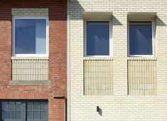 two windows on the side of a brick building next to a parking meter in front of it