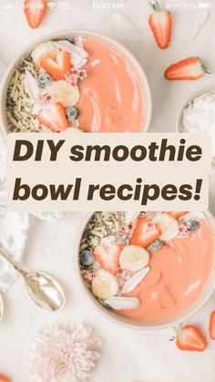 two bowls filled with fruit and oatmeal on top of a white table