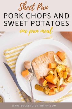 pork chops and sweet potatoes on a white plate next to a yellow striped towel