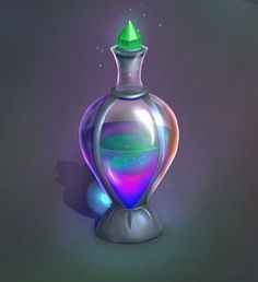 a glass bottle with a green top on a purple and blue background is featured in this image