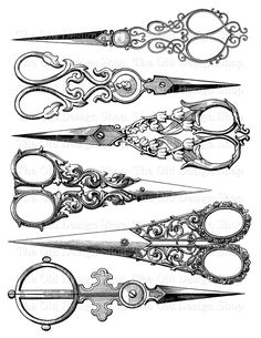 an old fashioned set of scissors with ornate designs on the handles and sides, vintage line drawing or engraving illustration