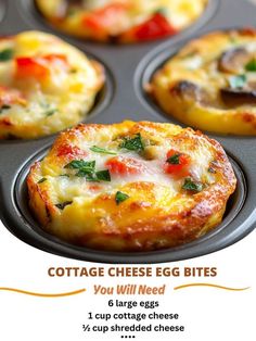 an advertisement for cottage cheese egg bites in a muffin tin with the recipe below