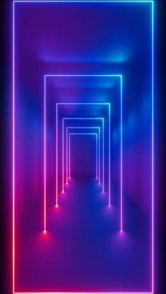 an empty room with neon lights in the center and on the wall, there is a long corridor between two walls