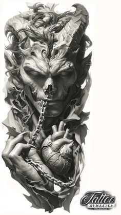 a black and white drawing of a demon holding a heart with chains around his neck