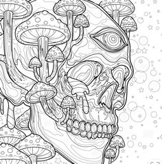 a drawing of a skull with mushrooms on it