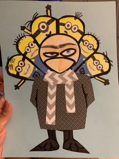 a paper cut out of a cartoon character wearing a suit and tie with many minion faces on it