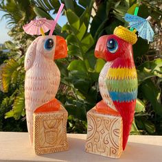 two colorful birds sitting next to each other with umbrellas on their heads and eyes