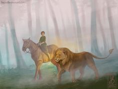 a boy riding on the back of a brown horse next to a lion in a forest