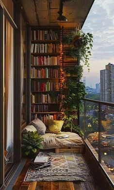 an apartment balcony with bookshelves and plants on the floor, overlooking a city