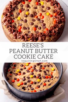 reese's peanut butter cookie cake with chocolate chips and candy