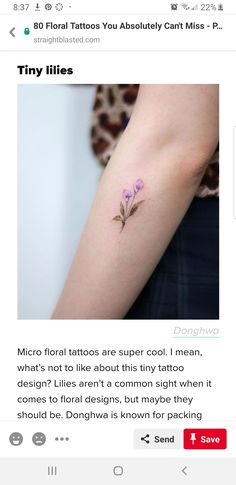 a small pink flower tattoo on the right inner arm and left upper half of the arm