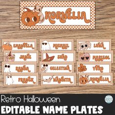 halloween themed name plates with an orange and white checkered background