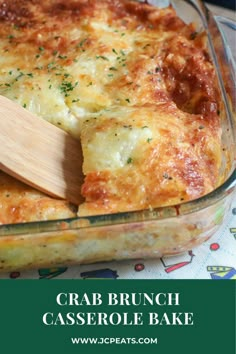 crab brunch casserole bake in a glass dish with a wooden spatula