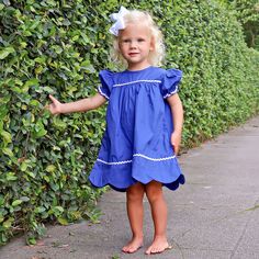 This sweet short sleeve dress features a scalloped hem, dainty white ric rac trim and short puff sleeves. We love the vibrant royal blue in this transitional dress that will twirl you right from warm to cooler weather! Boys Belt, Street Kids, Girl's Back, Christmas Pjs, Bubble Dress, Pajama Pant, Ric Rac, Cooler Weather, Scalloped Hem