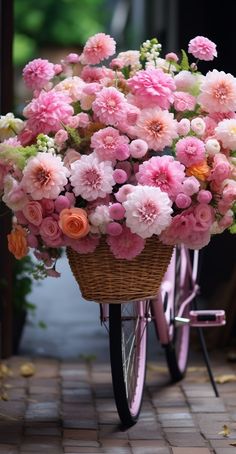 a basket full of pink flowers sitting on the back of a bike