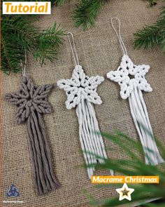 three crocheted snowflake ornaments hanging from a christmas tree with the words macrame christmas written below them