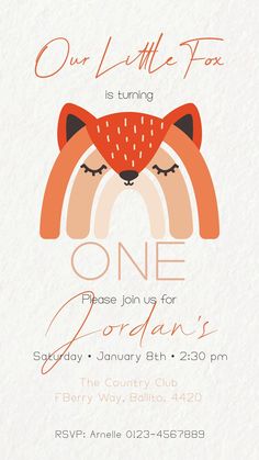 an orange fox birthday party card with the words one for jordan's on it