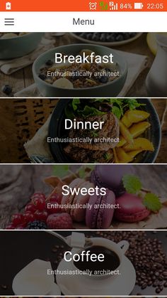 the menu page for an app that shows different types of food and drinks on it