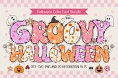 the words grooy halloween are decorated with pumpkins