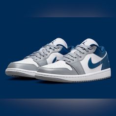 Welcome To Hypestockpile’s Poshmark Closet! All Our Products Are 100% Authentic Guaranteed. Item Details: Brand: Nike Air Jordan Item Name: Wmns Air Jordan 1 Low Stealth French Blue Color: Stealth/French Blue-White Style Code: Dc0774 042 Year Of Release: 2022 Condition: Brand New With Original Box (Unworn/Deadstock) And Tags If Applicable. The Cardboard Shoebox May Have Minor Damage From Storage And Shipment. The Shoes Are New And Unaffected. Size: Please Use The Size Selection To Check For All French Blue Jordans, Gray Low-top Sneakers With Branded Heel Counter, Blue White Shoes, French Blue Color, Jordan 1 Blue, Custom Jordans, Shoes Names, High Top Basketball Shoes, Nike Air Jordan 1 Low