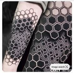 a man's arm with black and white honeycombs tattoo on the forearm