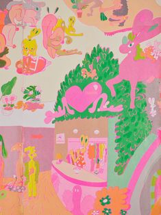 an image of a very colorful wallpaper with animals and plants on it's walls