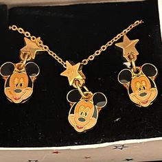 Vintage Disney Jewelry- Mickey Mouse With Stars This Is A Vintage Earrings And Necklace Set. It Says Kids But Personally I Would Wear It If I Could. It Has A Gold Tone Chain Then A Gold Tone Star On It With A 1 Inch Dangling Mickey Mouse From It. It’s New Never Been Taken Out Of The Box. Disney Gold, Earrings And Necklace Set, Earrings And Necklace, Disney Jewelry, Disney Accessories, Vintage Disney, Vintage Accessories, Vintage Earrings, Alex And Ani Charm Bracelet