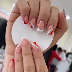 New 24 Pcs Short Square Red, Blue, White & Orange Swirl Press On Nails Nail File And Double Sided Tape Included Smoke & Pet Free Clean Home Fake Nails Long, Unghie Nail Art, Colorful Nails, Stick On Nails, Short Acrylic Nails, Nail Arts, Artificial Nails, Nail Polishes, Square Nails