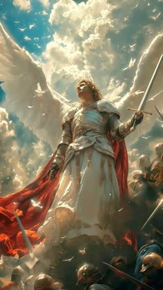 an angel standing on top of a pile of clouds holding two swords and surrounded by other angels