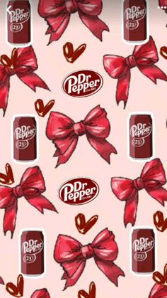 a pink background with red bows and dr pepper cans