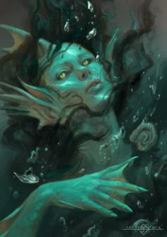 a digital painting of a woman with green hair and blue eyes, in the water