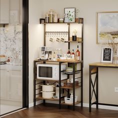 a kitchen area with a microwave, counter and shelves