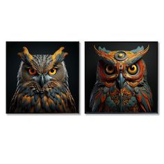 two pictures of an owl with yellow eyes and orange beaks, one in the foreground