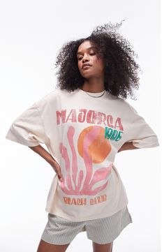 Topshop Oversize Majorca Cotton Graphic T-Shirt | Nordstrom Summer Graphic Tees, Holiday Dress Outfit, Oversized Tees, Boxy Tee, Skirt Co Ord, Majorca, Curves Workout, Print Ideas, Black Wrap Dress