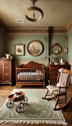 a baby's room with rocking chair, crib and dresser